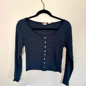 Levi's Green and Navy Striped Button-Down Long Sleeve Cropped Shirt, Medium